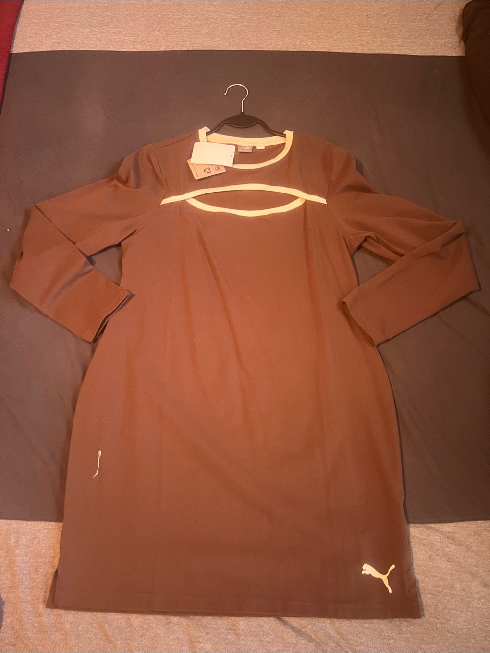 Brown Long-Sleeve Puma Dress with Cream Trim